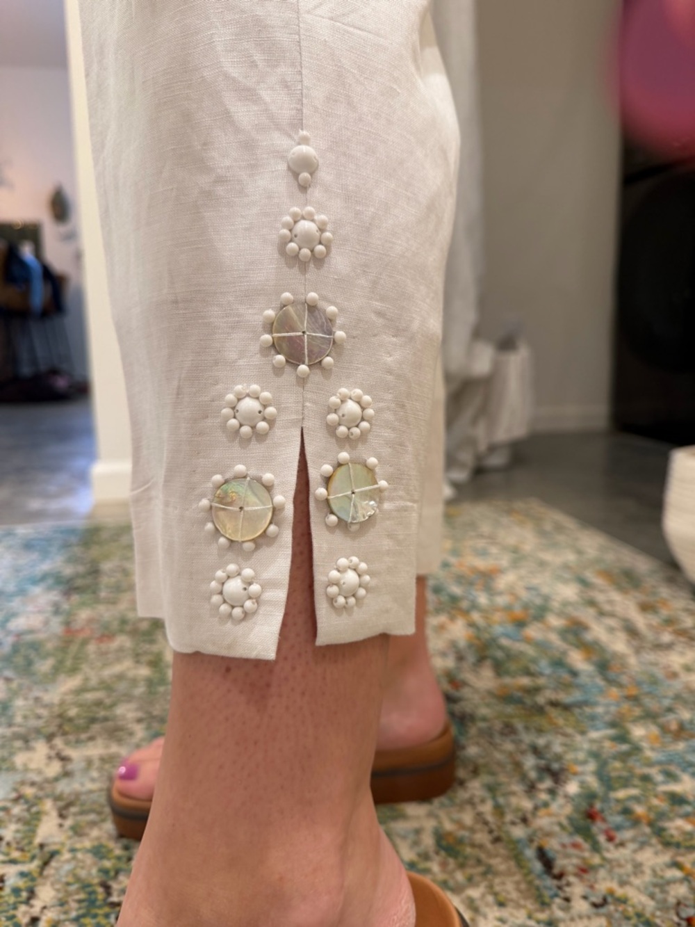 White Linen Straight-Leg Embellished Hem Pants - Picture 3 of 7